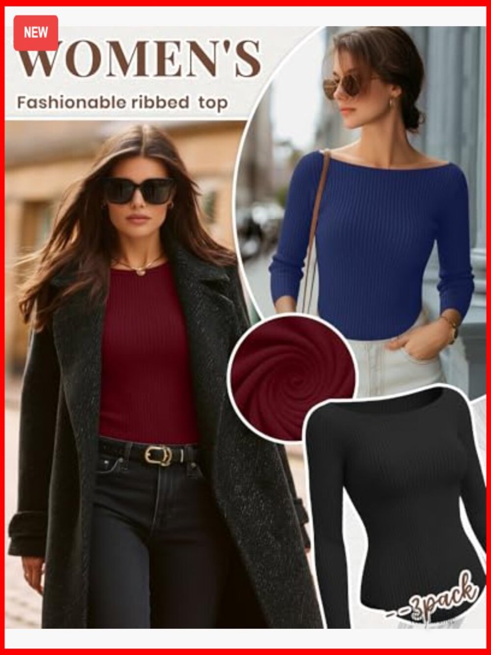 3 Pack Boat Neck Long Sleeve Ribbed Crop Tops Curved Hem Layering Tees - Picture 2 of 7